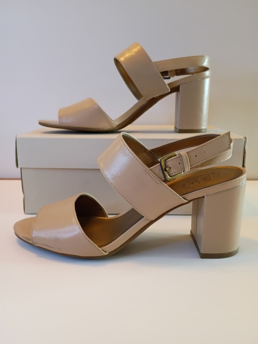 Women's Beige Block Heel Sandals with Buckle Strap